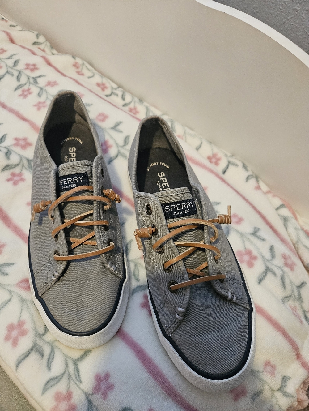 Sperry Women's Grey Canvas Boat Sneakers with Tan Leather Laces